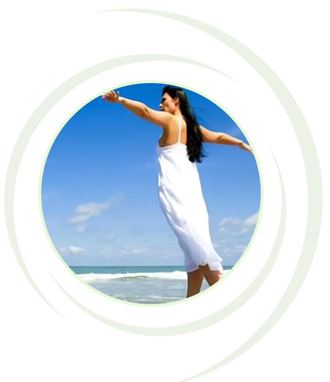 Woman in white dress at the beach.