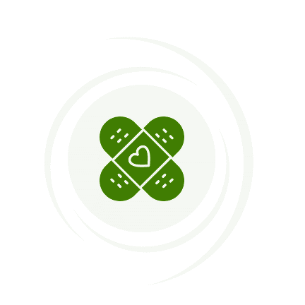 Green band-aids with heart symbol logo.