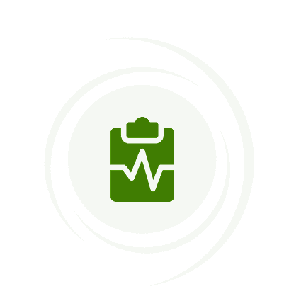 Green clipboard with heartbeat line icon.